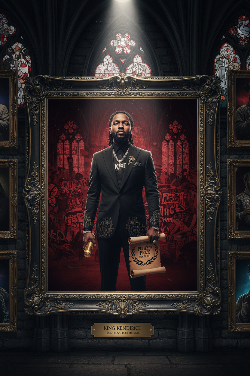 Custom celebrity portrait in ornate gold frame with gothic cathedral backdrop, red and black aesthetic