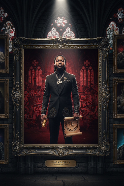 Custom celebrity portrait in ornate gold frame with gothic cathedral backdrop, red and black aesthetic